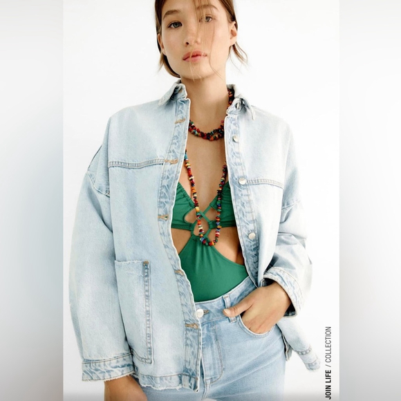 Zara denim light blue long sleeve jacket with front large patch pocket small - Picture 1 of 11